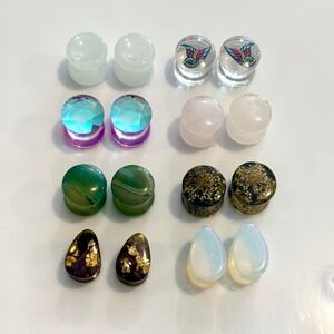 Set of 8 Pairs 00g Ear Plugs / Gauges – Glass, Stone, Resin, Acrylic (Bundle)